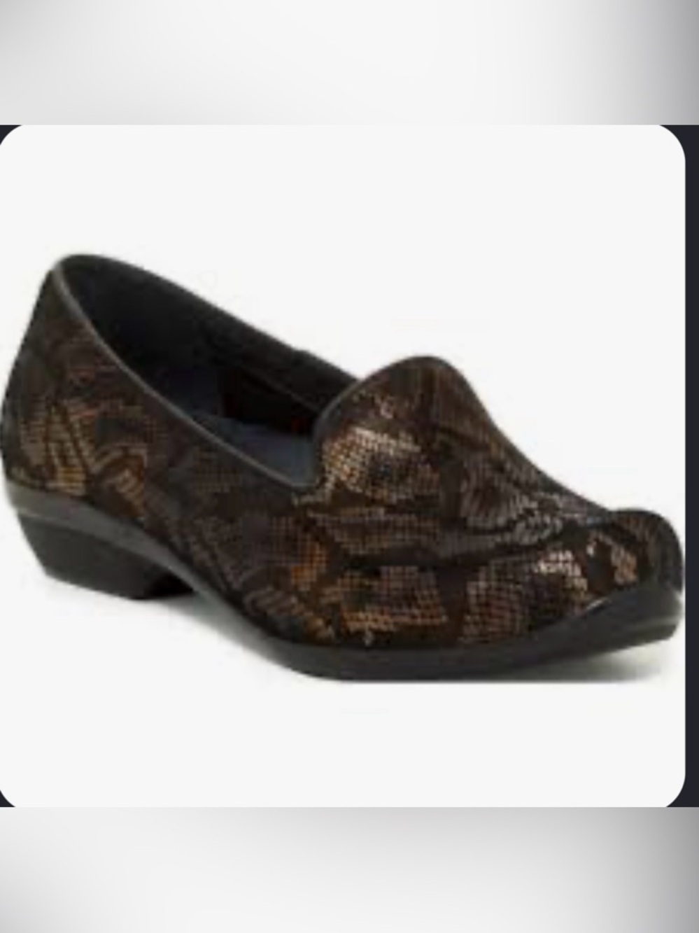 Dansko Olivia Black Bronze Snake Print Leather Slip-On Loafers Flats 37 US 6.5-7